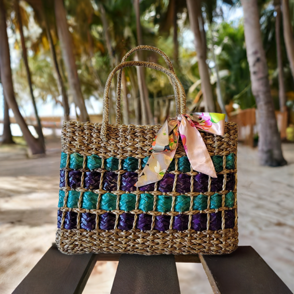 Natural Straw Bag with Handle Closure Brown Blue Purple Handmade Handbag Beach Summer