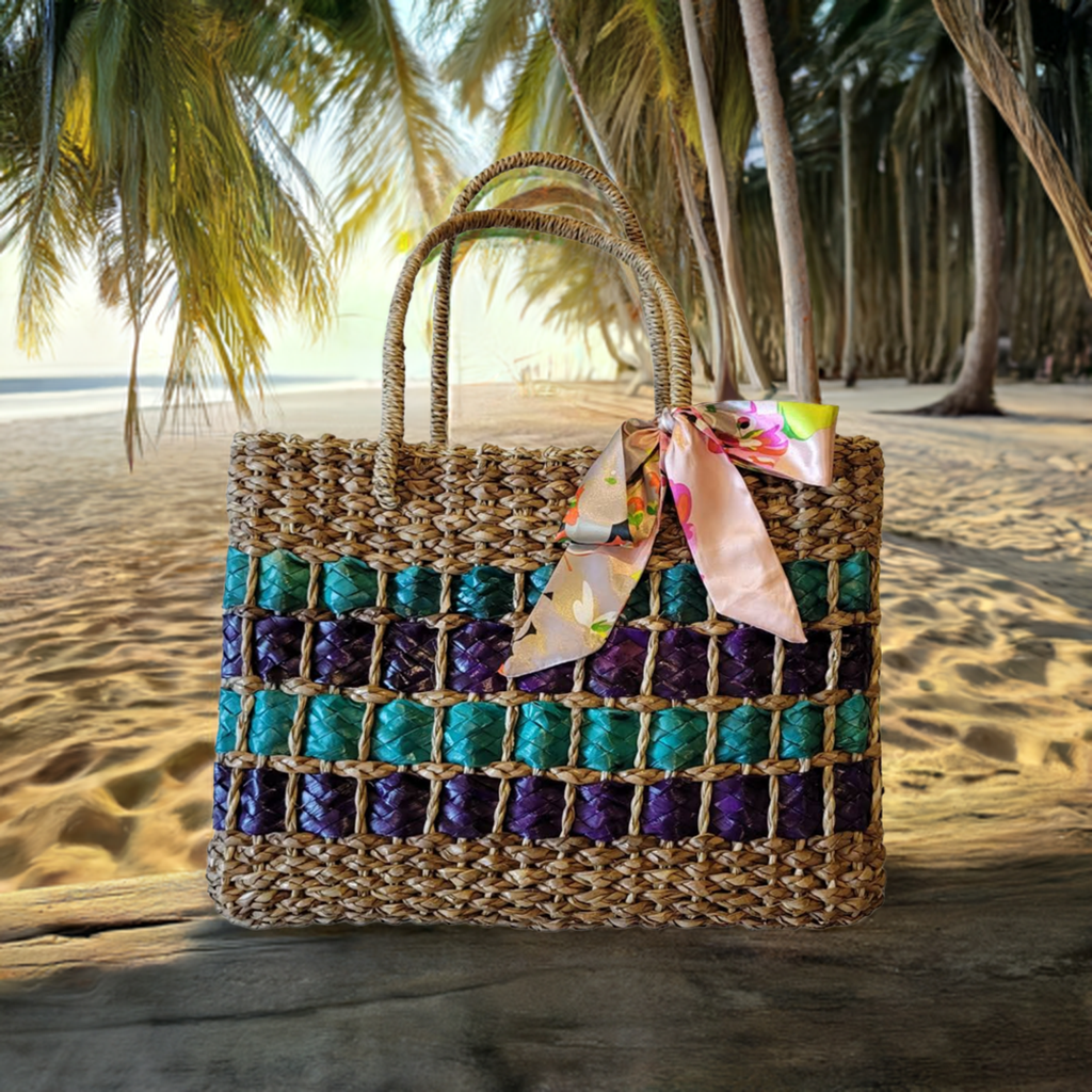 Natural Straw Bag with Handle Closure Brown Blue Purple Handmade Handbag Beach Summer