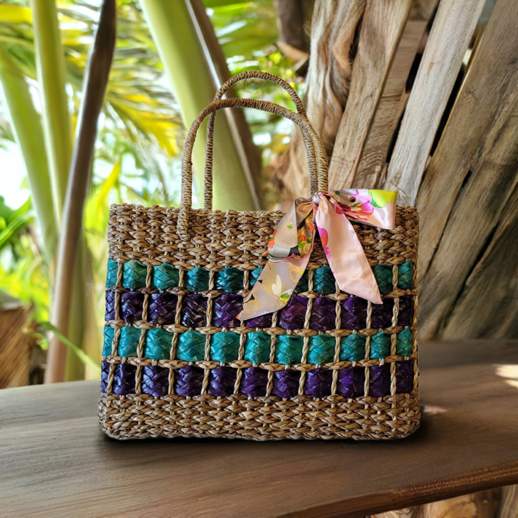 Natural Straw Bag with Handle Closure Brown Blue Purple Handmade Handbag Beach Summer