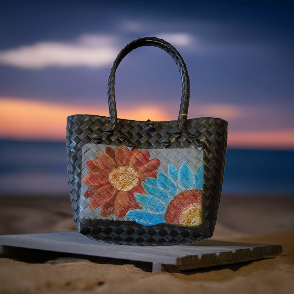 Natural Straw Bag with Handle & Button Closure Floral Black Handmade Handbag Beach Summer