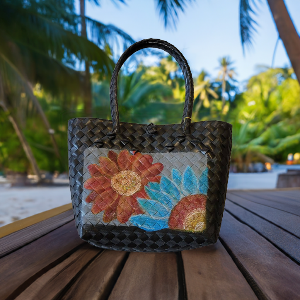 Natural Straw Bag with Handle & Button Closure Floral Black Handmade Handbag Beach Summer