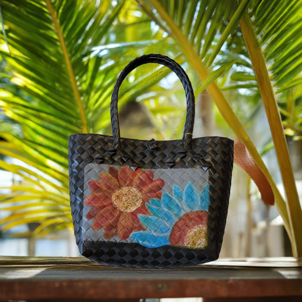 Natural Straw Bag with Handle & Button Closure Floral Black Handmade Handbag Beach Summer