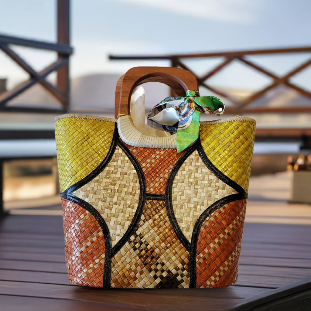 Natural Straw Bag with Wooden Handle & Zipper Closure Abstract Yellow Orange Brown Handmade Handbag Beach Summer