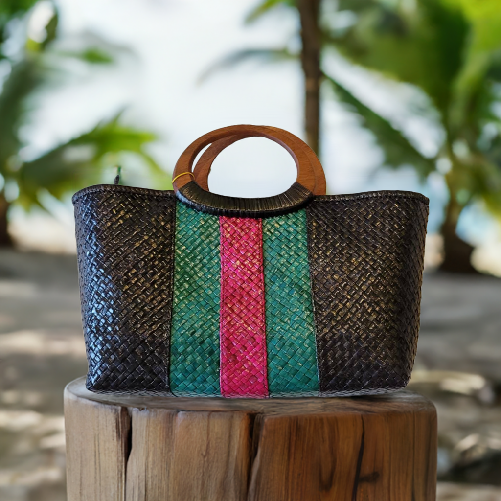 Natural Straw Bag with Wooden Handle & Zipper Closure Black Blue Red Handmade Handbag Beach Summer