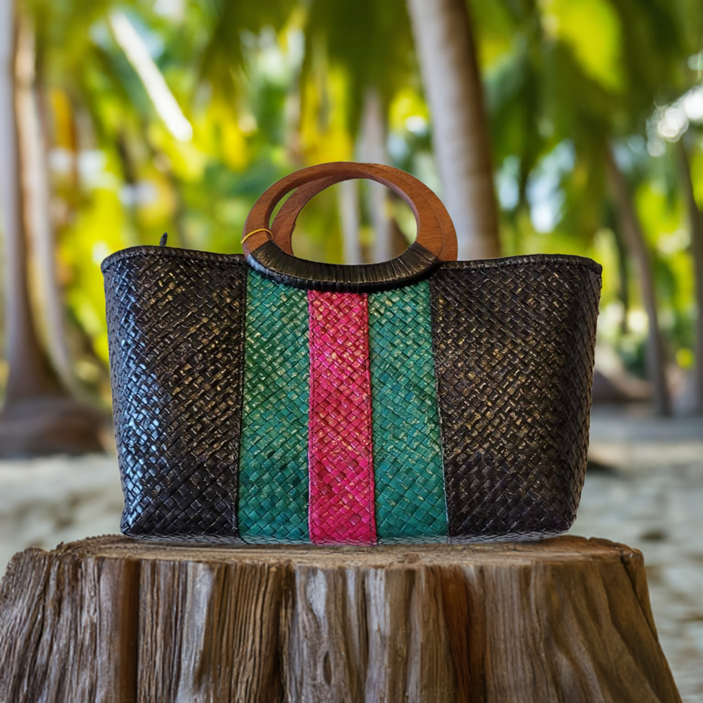 Natural Straw Bag with Wooden Handle & Zipper Closure Black Blue Red Handmade Handbag Beach Summer