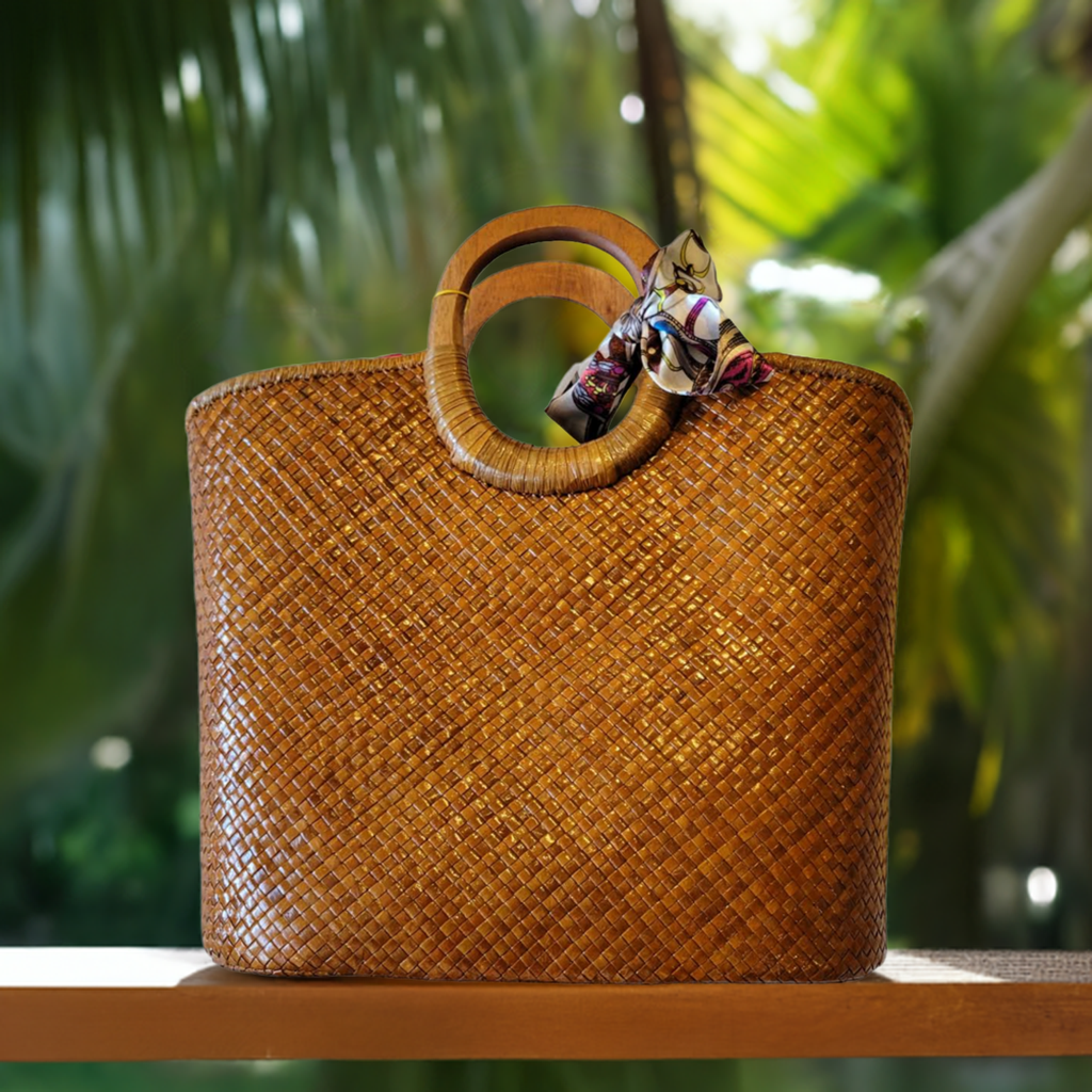 Natural Straw Bag with Wooden Handle & Zipper Closure Brown Handmade Handbag Beach Summer