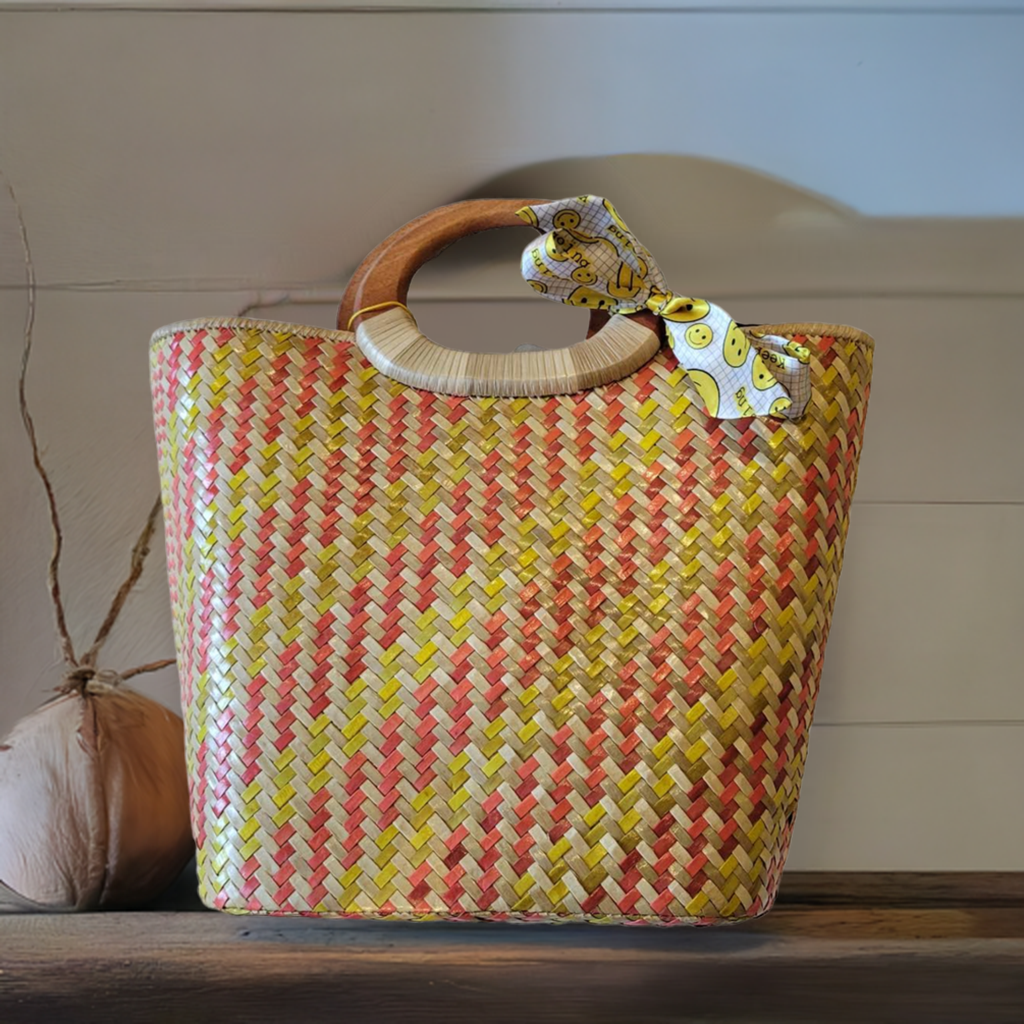 Natural Straw Bag with Wooden Handle & Zipper Closure Brown Yellow Red Handmade Handbag Beach Summer