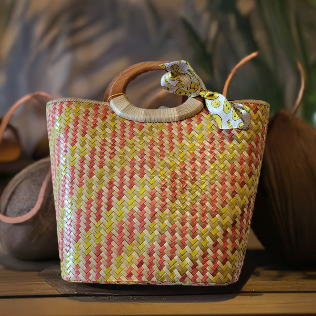 Natural Straw Bag with Wooden Handle & Zipper Closure Brown Yellow Red Handmade Handbag Beach Summer