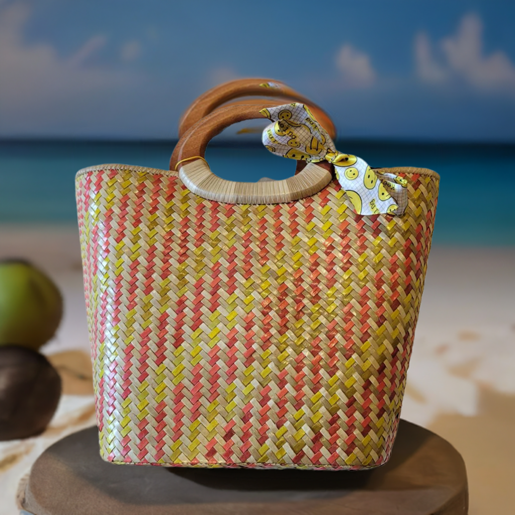 Natural Straw Bag with Wooden Handle & Zipper Closure Brown Yellow Red Handmade Handbag Beach Summer