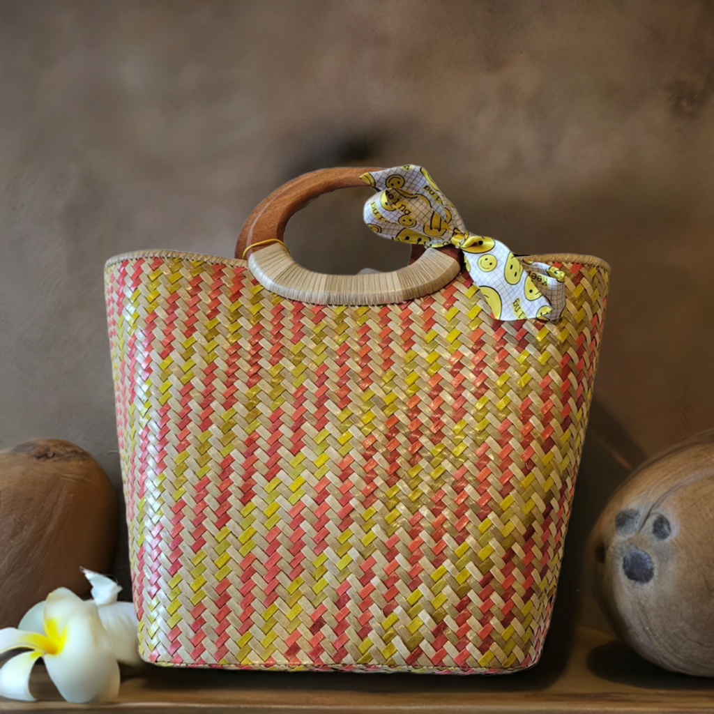 Natural Straw Bag with Wooden Handle & Zipper Closure Brown Yellow Red Handmade Handbag Beach Summer