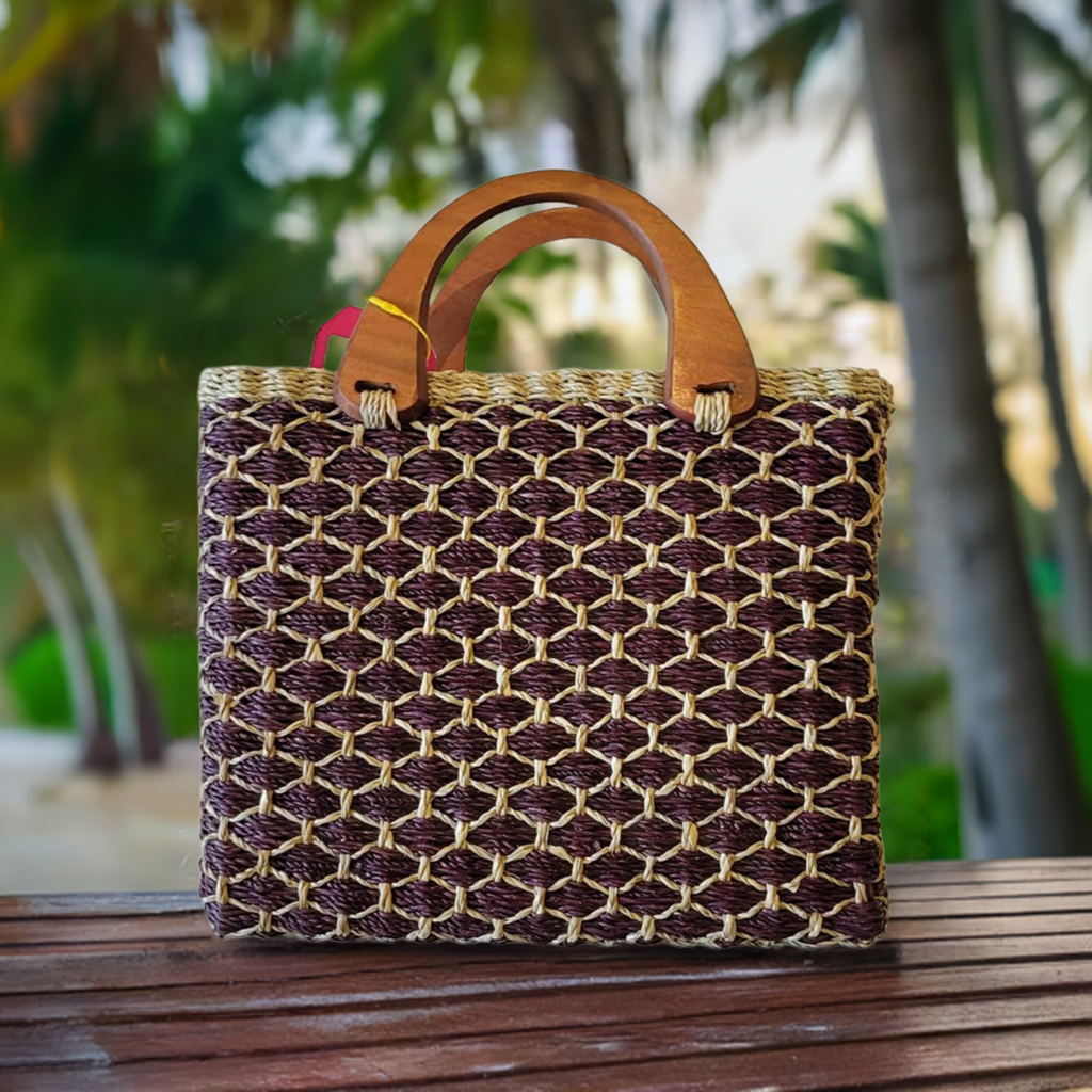 Natural Straw Bag with Wooden Handle & Zipper Closure Maroon & Beige Handmade Handbag Beach Summer