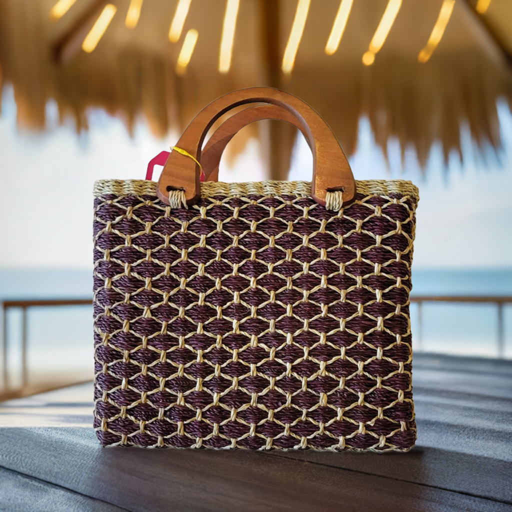 Natural Straw Bag with Wooden Handle & Zipper Closure Maroon & Beige Handmade Handbag Beach Summer