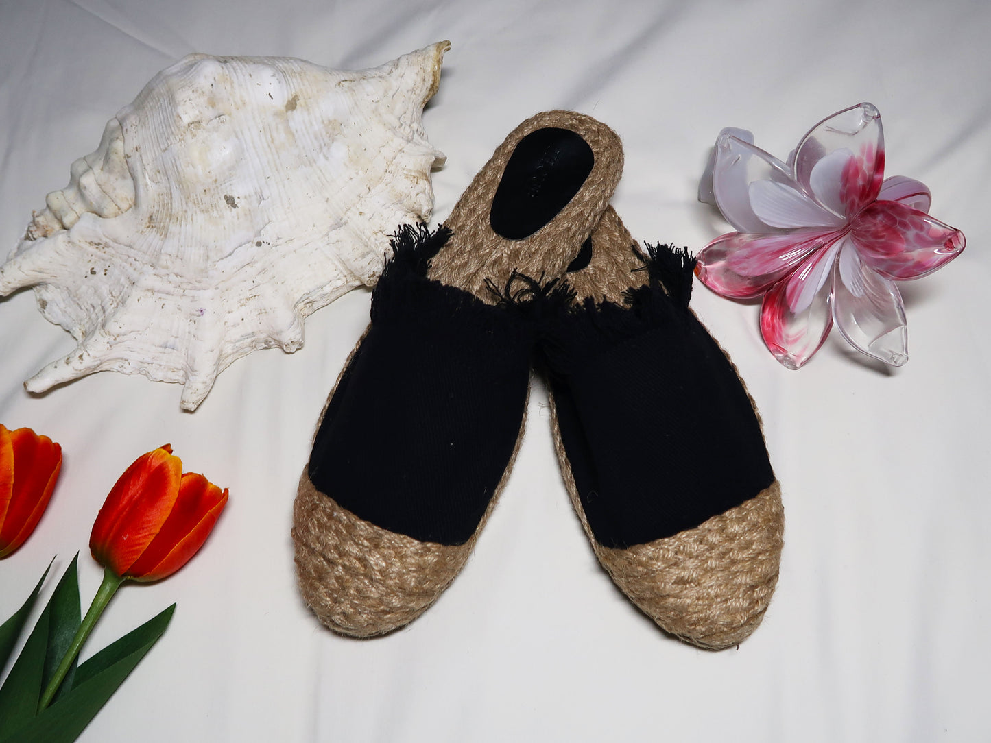 Handmade Abaca Insole Black Ripped Canvas Sandals Slippers Flat Semi Pointed Toe Half Shoes