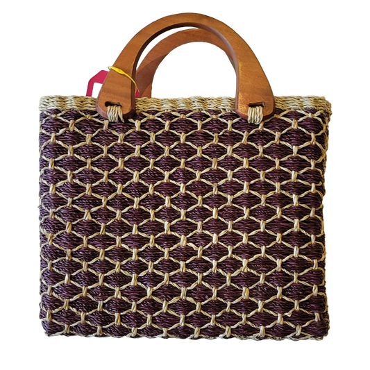 Natural Straw Bag with Wooden Handle & Zipper Closure Maroon & Beige Handmade Handbag Beach Summer