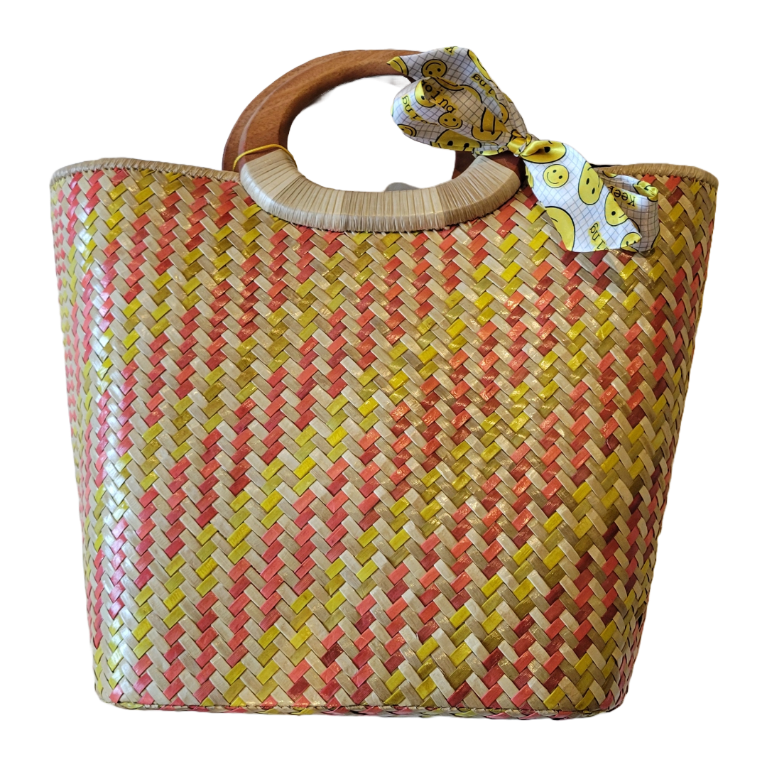 Natural Straw Bag with Wooden Handle & Zipper Closure Brown Yellow Red Handmade Handbag Beach Summer