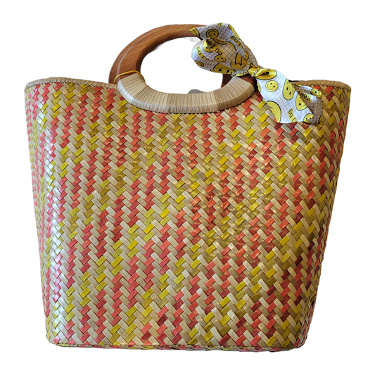 Natural Straw Bag with Wooden Handle & Zipper Closure Brown Yellow Red Handmade Handbag Beach Summer