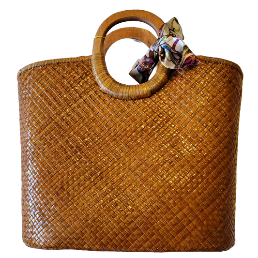 Natural Straw Bag with Wooden Handle & Zipper Closure Brown Handmade Handbag Beach Summer