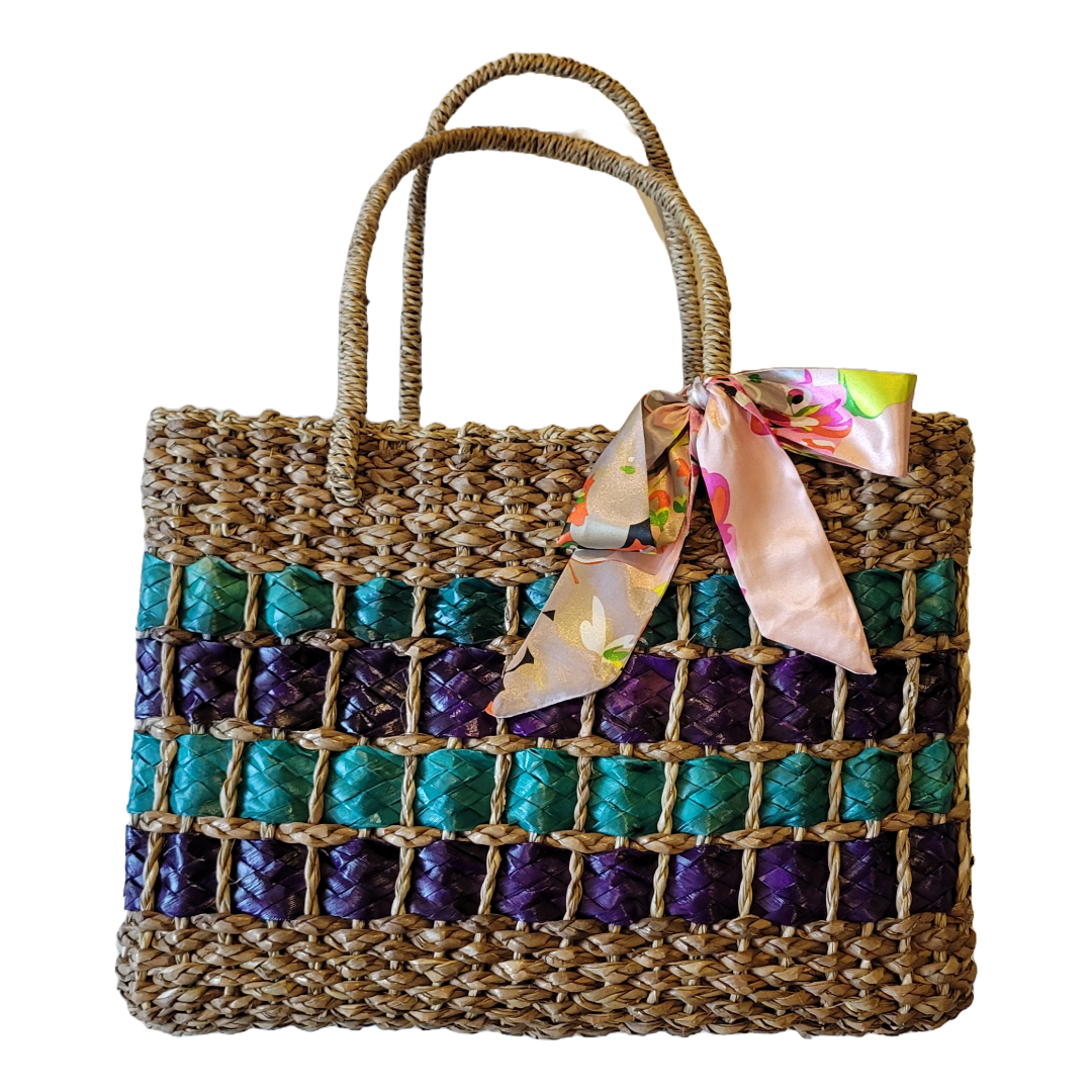 Natural Straw Bag with Handle Closure Brown Blue Purple Handmade Handbag Beach Summer