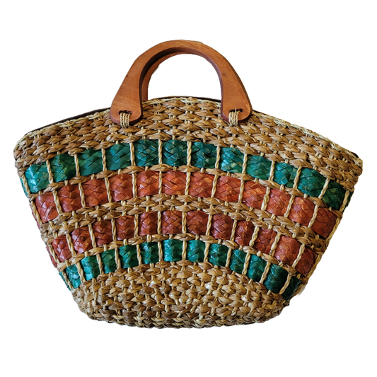 Natural Straw Bag with Wooden Handle & Zipper Closure Brown Blue Red Handmade Handbag Beach Summer