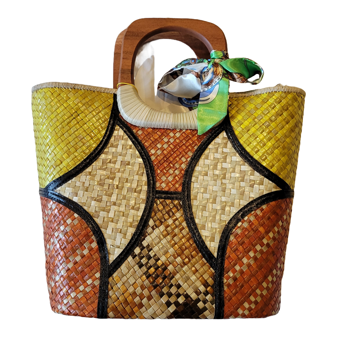 Natural Straw Bag with Wooden Handle & Zipper Closure Abstract Yellow Orange Brown Handmade Handbag Beach Summer