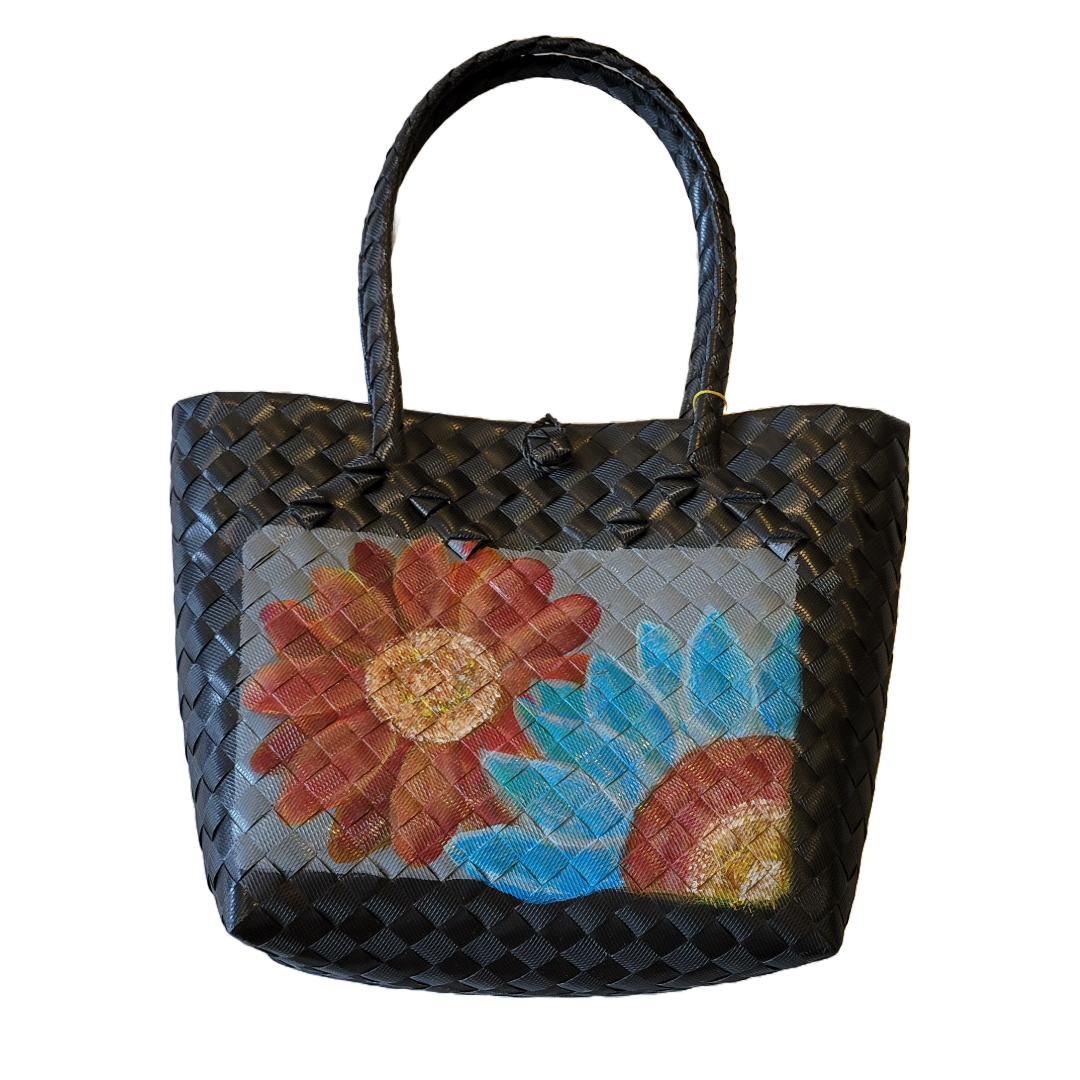 Natural Straw Bag with Handle & Button Closure Floral Black Handmade Handbag Beach Summer