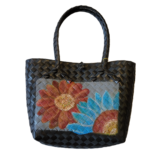 Natural Straw Bag with Handle & Button Closure Floral Black Handmade Handbag Beach Summer