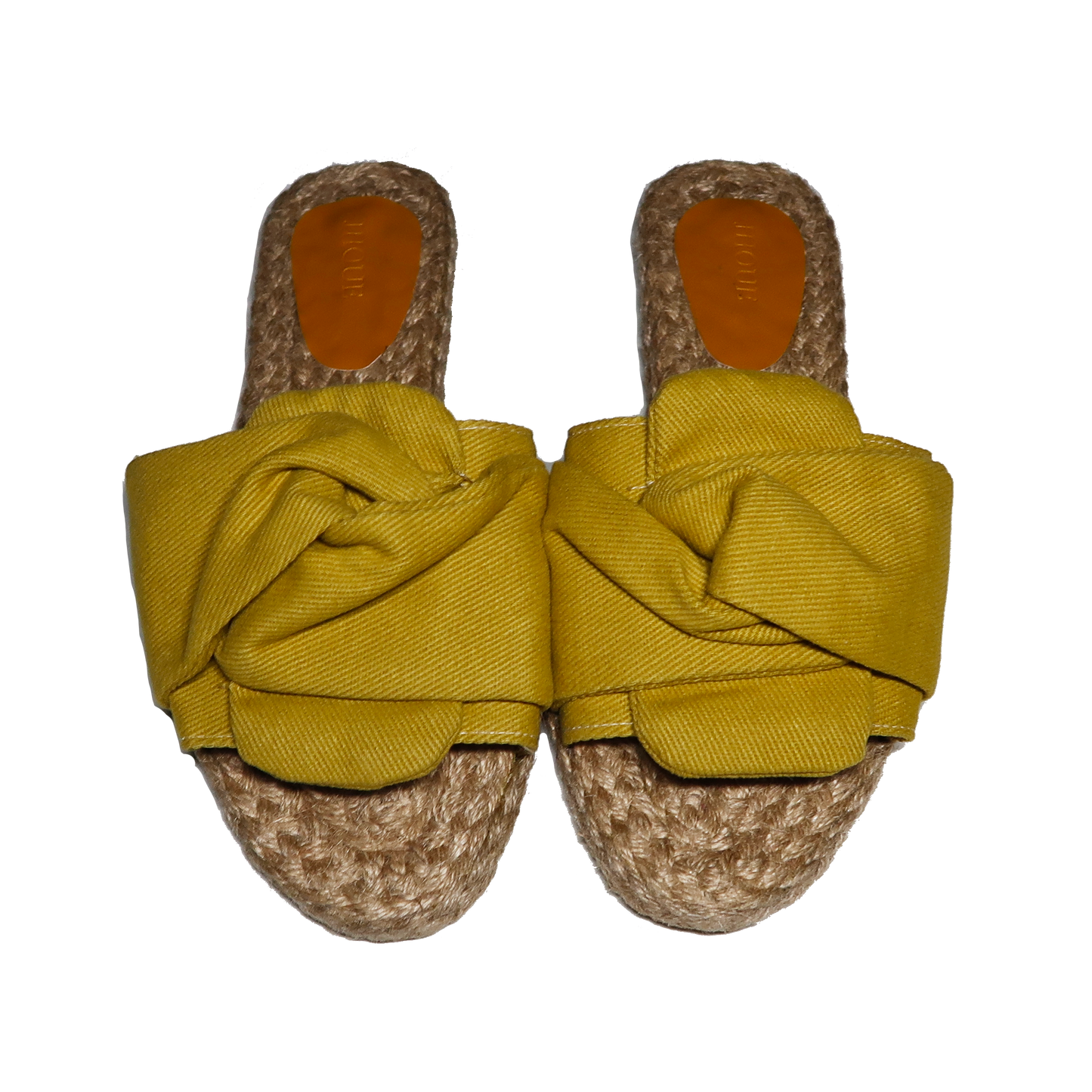 Handmade Abaca Footbed Mustard Canvas Tie Knot Strap Slides Sandals Slippers Flats Semi Pointed Toe