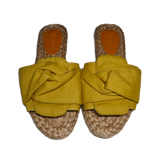 Handmade Abaca Footbed Mustard Canvas Tie Knot Strap Slides Sandals Slippers Flats Semi Pointed Toe