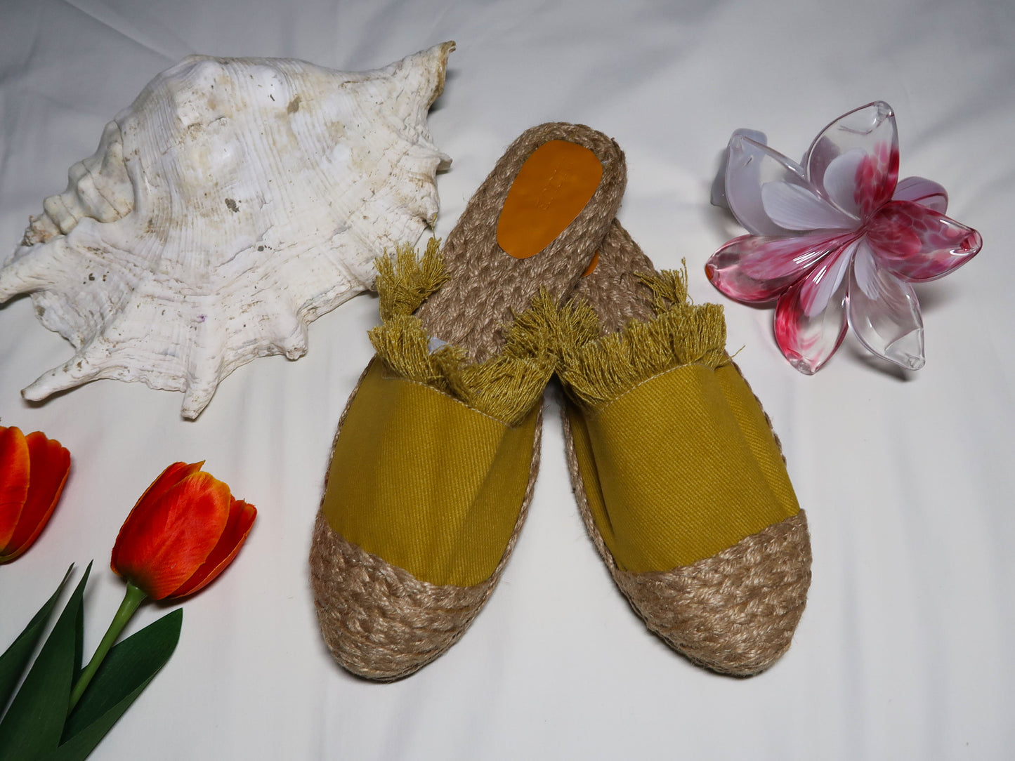 Handmade Abaca Insole Mustard Ripped Canvas Sandals Slippers Flat Semi Pointed Toe Half Shoes