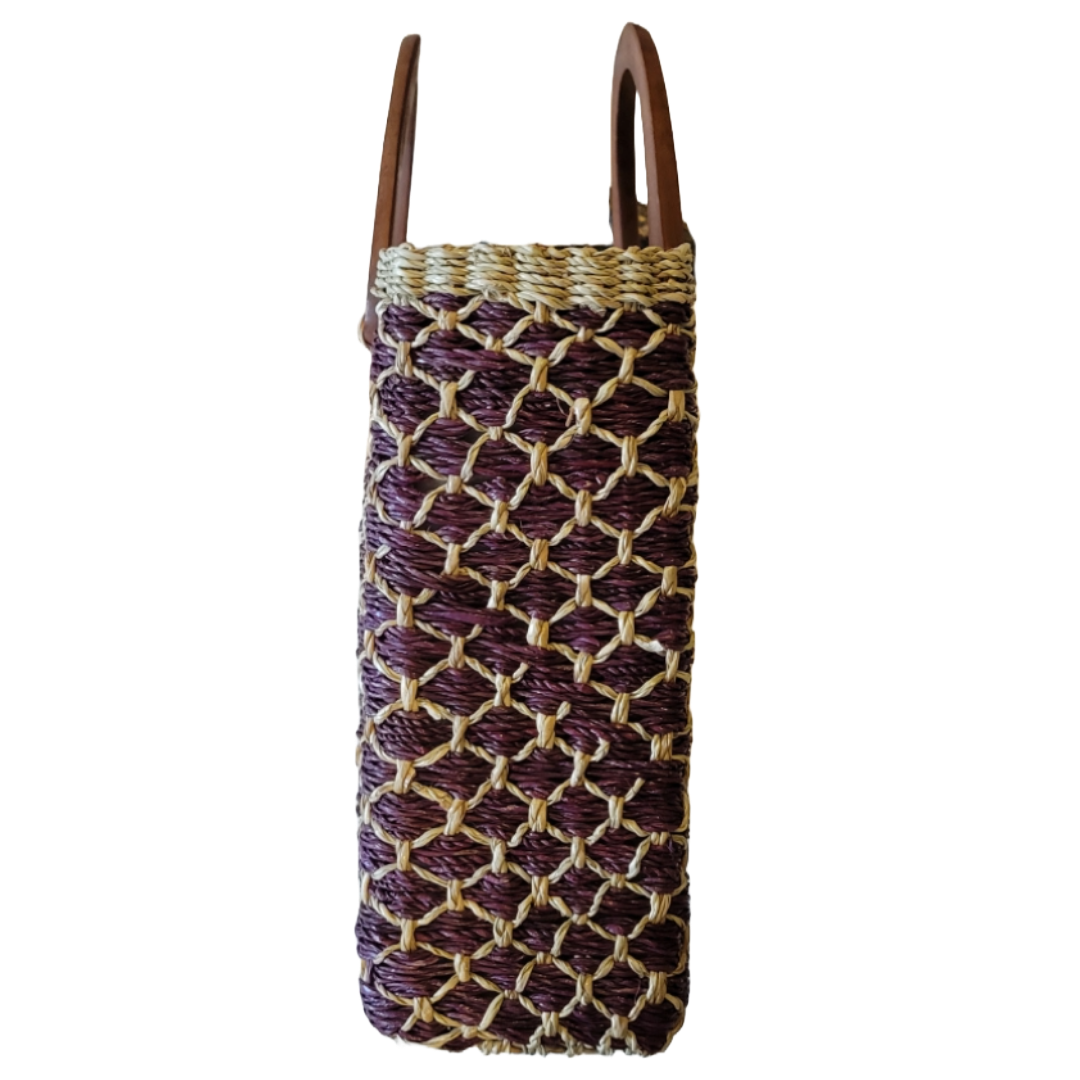 Natural Straw Bag with Wooden Handle & Zipper Closure Maroon & Beige Handmade Handbag Beach Summer