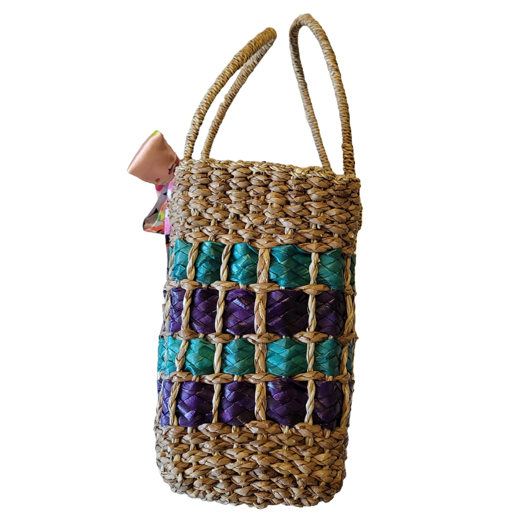 Natural Straw Bag with Handle Closure Brown Blue Purple Handmade Handbag Beach Summer