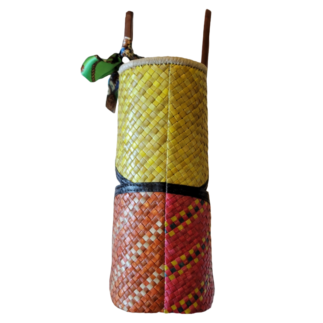 Natural Straw Bag with Wooden Handle & Zipper Closure Abstract Yellow Orange Brown Handmade Handbag Beach Summer