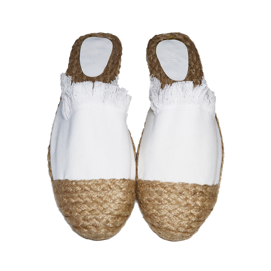Handmade Abaca Insole White Ripped Canvas Sandals Slippers Flat Semi Pointed Toe Half Shoes
