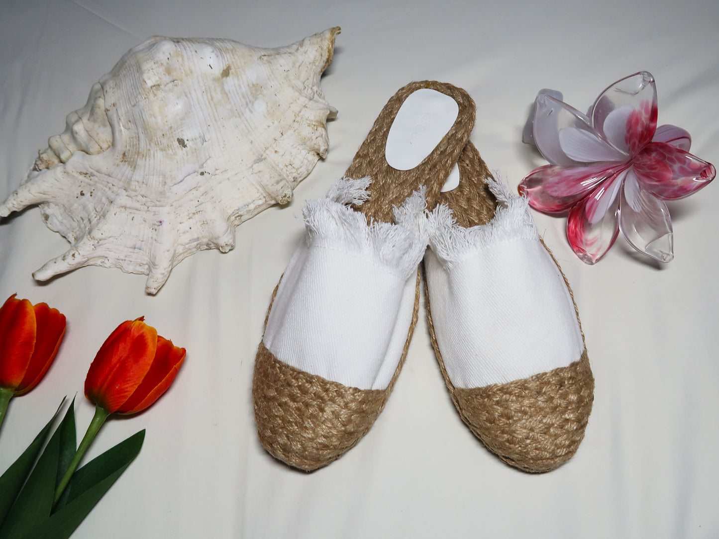 Handmade Abaca Insole White Ripped Canvas Sandals Slippers Flat Semi Pointed Toe Half Shoes